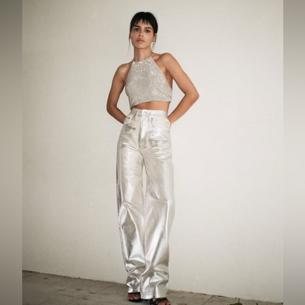 ZARA MID-RISE BOYFIT Painted JEANS Metallic Silve EUR 36 | US 4